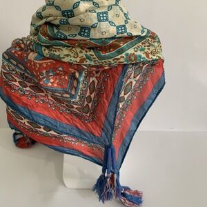 100% Silk Scarf Shawl Tassels Red Teal Ivory Floral Boho Global Artisan Wrap